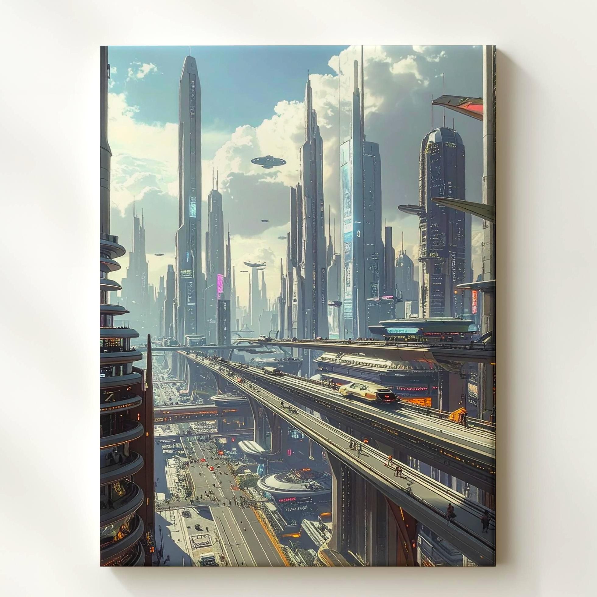 Futuristic Cityscape Canvas – Towering Skyscrapers and Flying Vehicles ...
