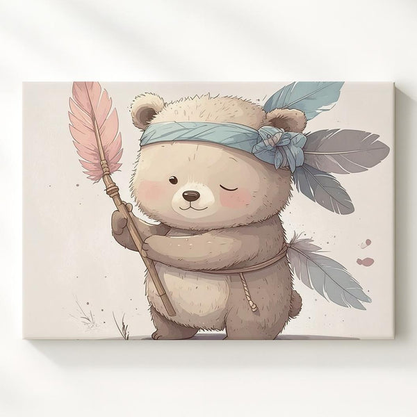 Baby Bear Feathered Headband Canvas – Whimsical Nursery Wall Art - Gifitto
