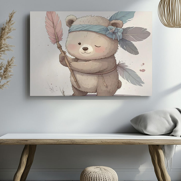 Baby Bear Feathered Headband Canvas – Whimsical Nursery Wall Art - Gifitto