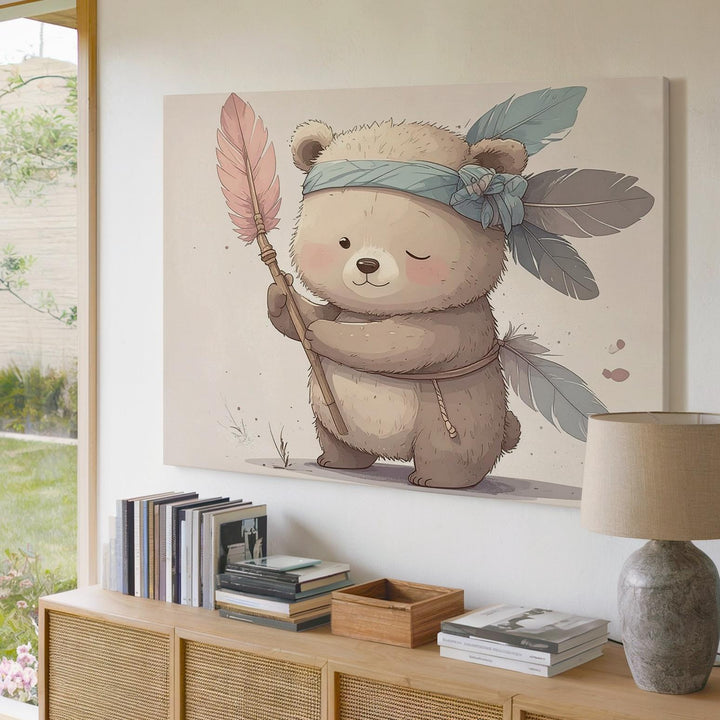 Baby Bear Feathered Headband Canvas – Whimsical Nursery Wall Art - Gifitto