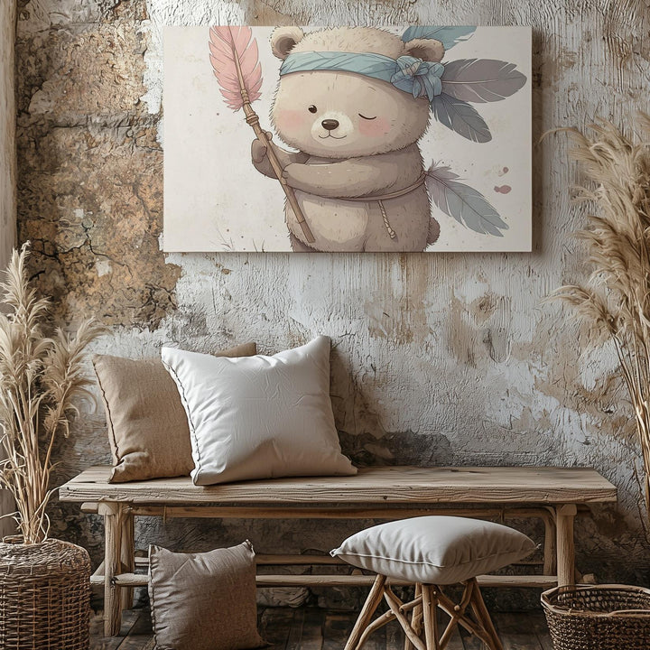 Baby Bear Feathered Headband Canvas – Whimsical Nursery Wall Art - Gifitto