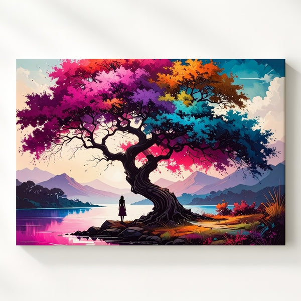 Whimsical Tree of Light Canvas – Dreamlike Lake & Pastel Mountain Art - Gifitto