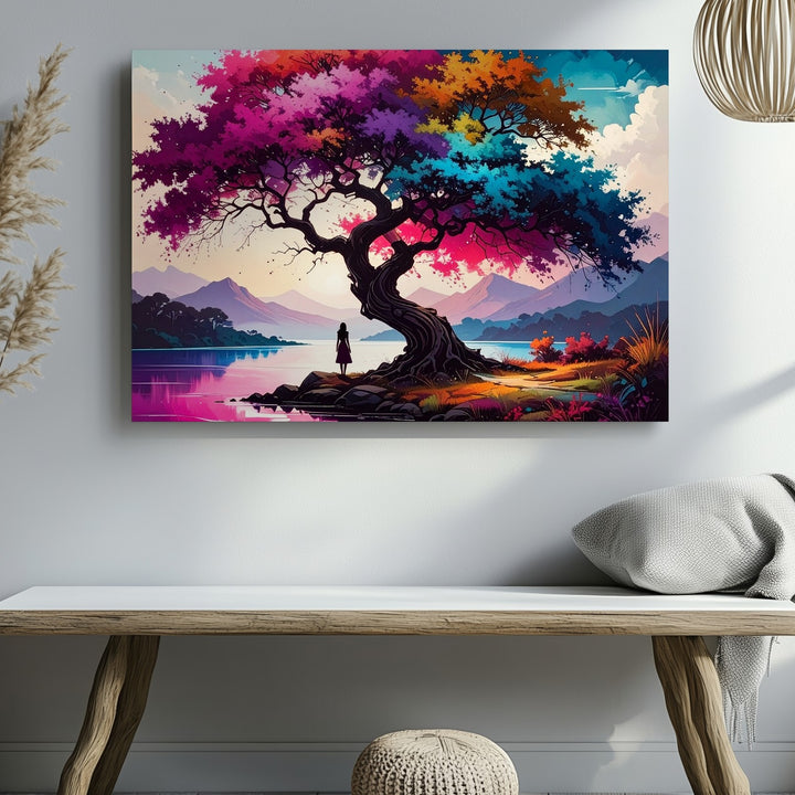 Whimsical Tree of Light Canvas – Dreamlike Lake & Pastel Mountain Art - Gifitto
