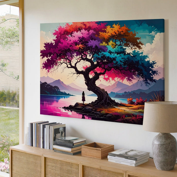 Whimsical Tree of Light Canvas – Dreamlike Lake & Pastel Mountain Art - Gifitto