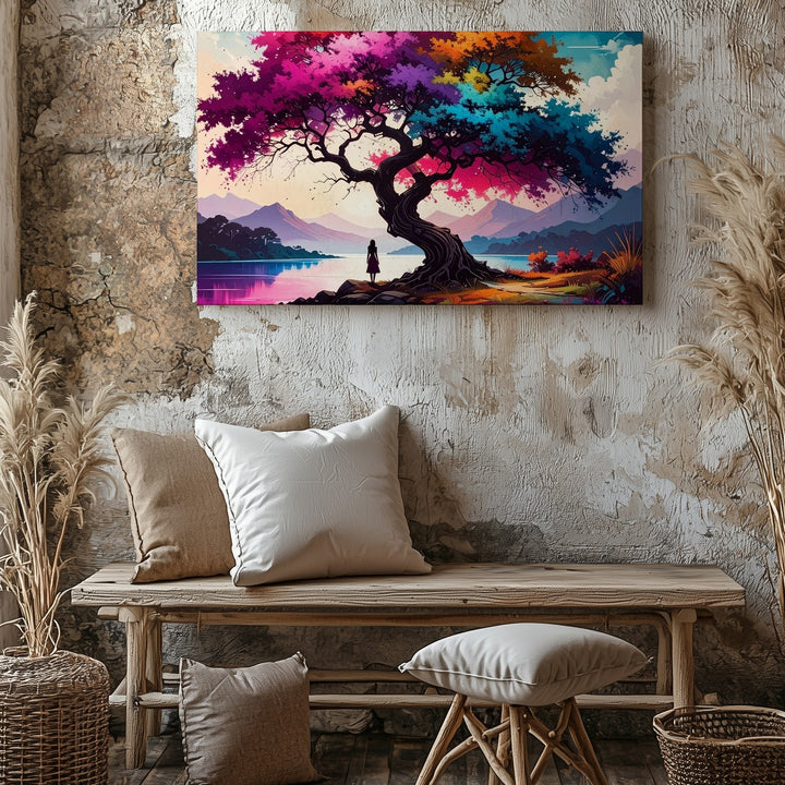 Whimsical Tree of Light Canvas – Dreamlike Lake & Pastel Mountain Art - Gifitto