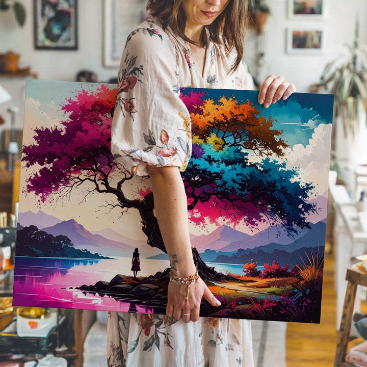 Whimsical Tree of Light Canvas – Dreamlike Lake & Pastel Mountain Art - Gifitto