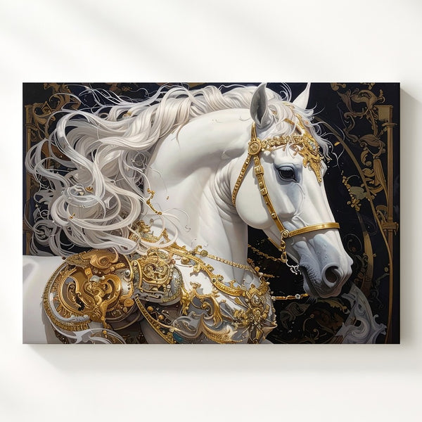 Regal White Warhorse Canvas – Golden Baroque Fantasy Wall Art - Gifitto