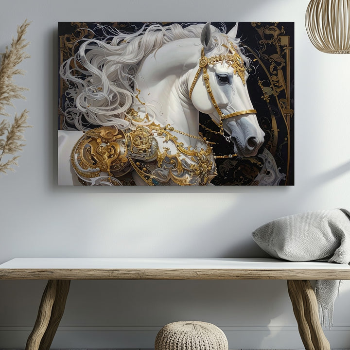 Regal White Warhorse Canvas – Golden Baroque Fantasy Wall Art - Gifitto