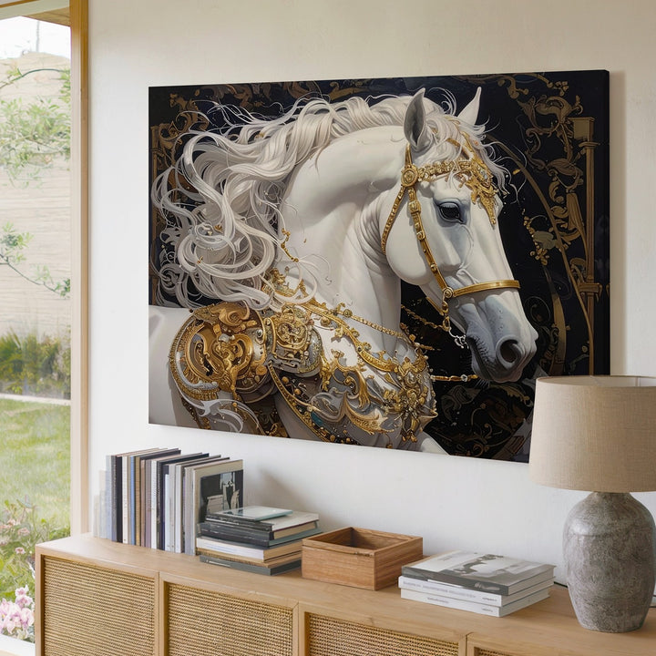 Regal White Warhorse Canvas – Golden Baroque Fantasy Wall Art - Gifitto