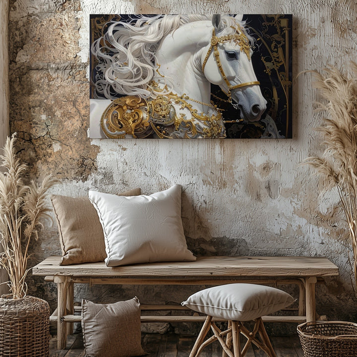 Regal White Warhorse Canvas – Golden Baroque Fantasy Wall Art - Gifitto
