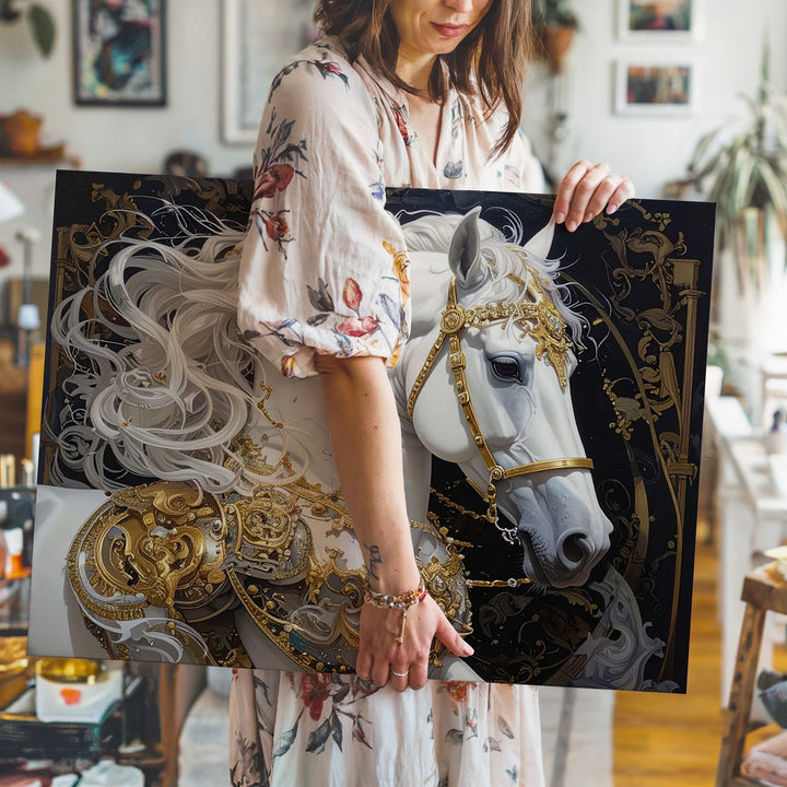 Regal White Warhorse Canvas – Golden Baroque Fantasy Wall Art - Gifitto