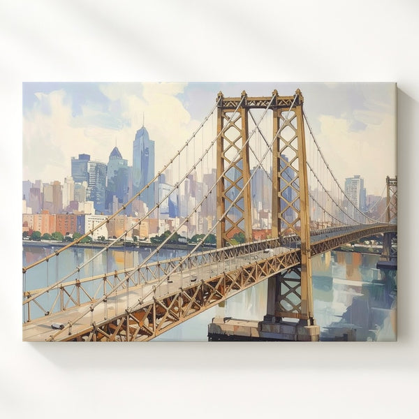Golden Bridge Over Tranquil Waters – Sunrise Cityscape Canvas Wall Art - Gifitto