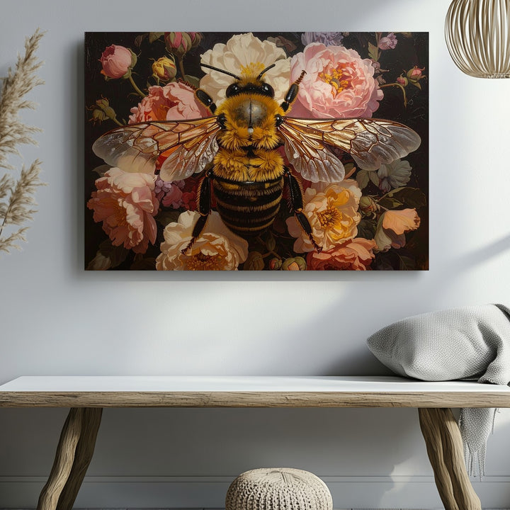 Golden Bee & Floral Harmony Canvas – Baroque Nature Wall Art - Gifitto