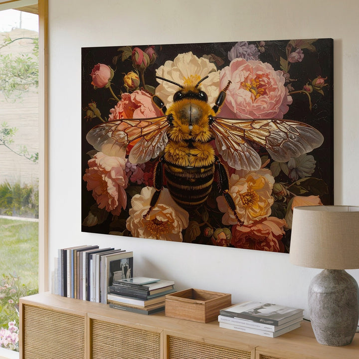 Golden Bee & Floral Harmony Canvas – Baroque Nature Wall Art - Gifitto