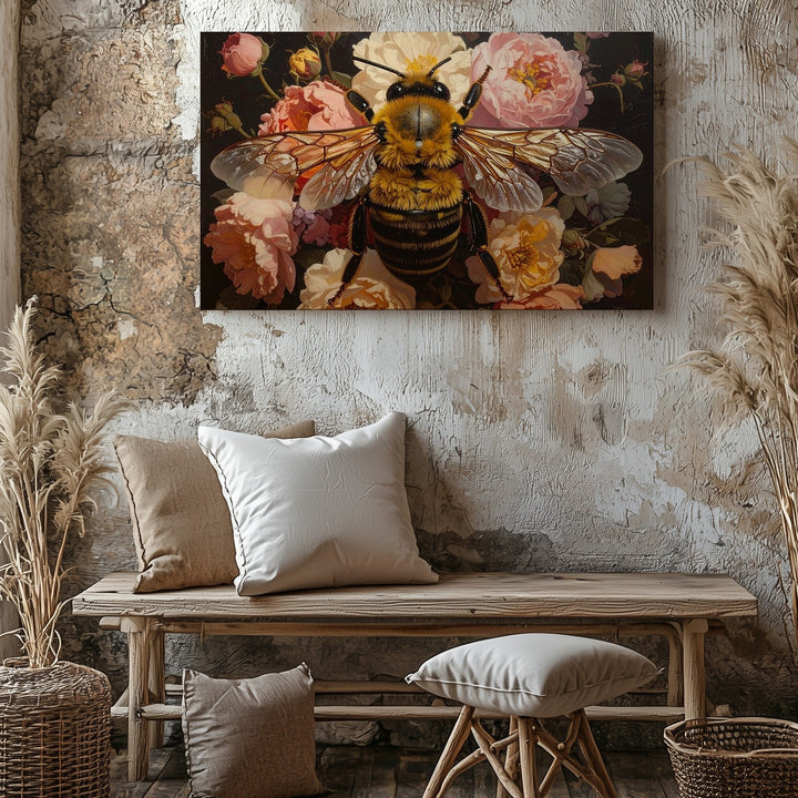 Golden Bee & Floral Harmony Canvas – Baroque Nature Wall Art - Gifitto
