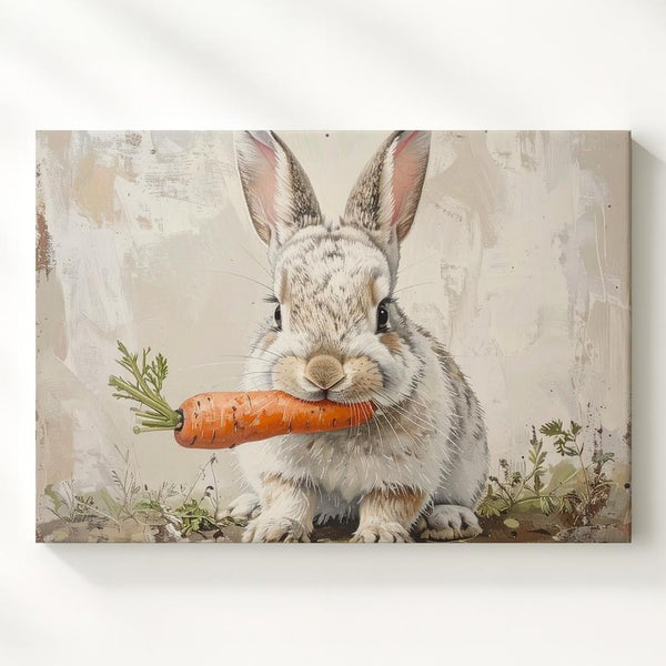 Fluffy Rabbit & Carrot Canvas – Springtime Pastel Animal Wall Art - Gifitto