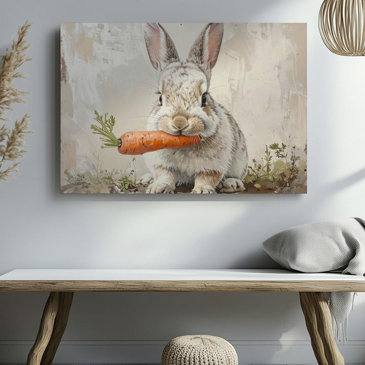 Fluffy Rabbit & Carrot Canvas – Springtime Pastel Animal Wall Art - Gifitto