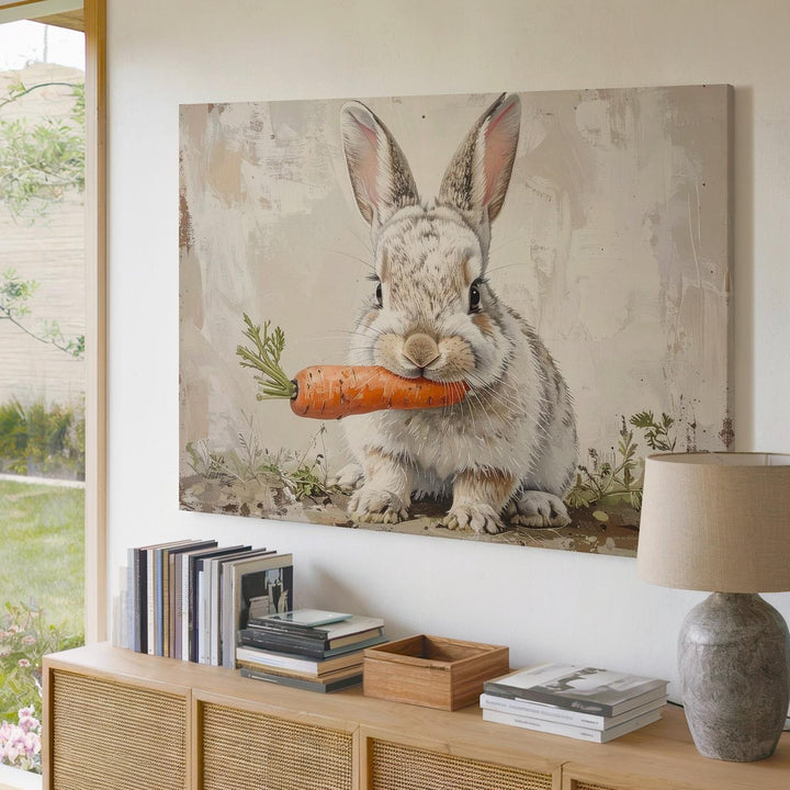 Fluffy Rabbit & Carrot Canvas – Springtime Pastel Animal Wall Art - Gifitto