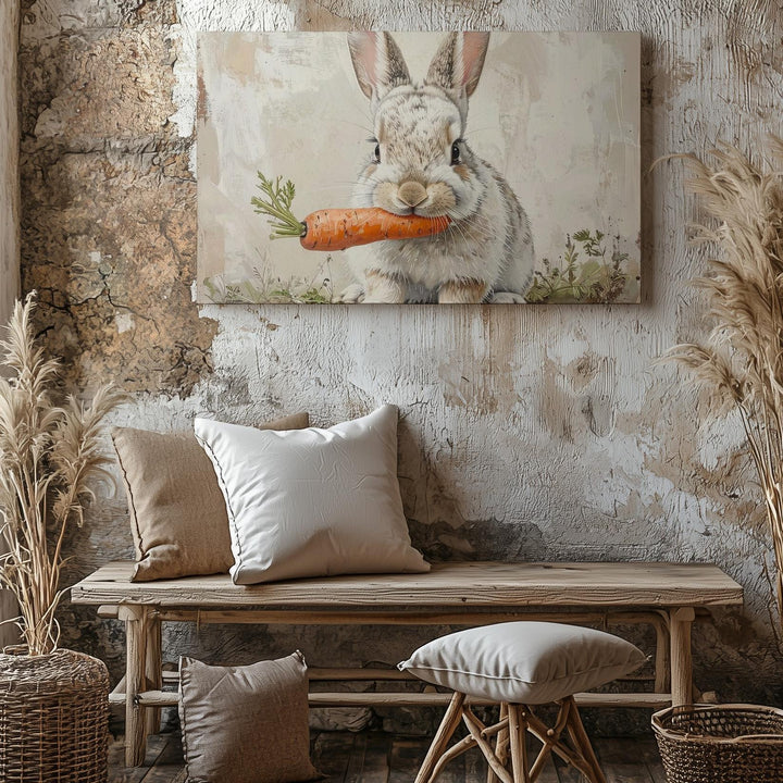 Fluffy Rabbit & Carrot Canvas – Springtime Pastel Animal Wall Art - Gifitto