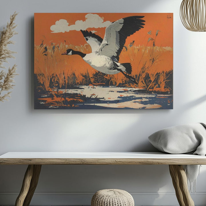 Vintage Goose in Flight Canvas – Retro Marshland Wildlife Wall Art - Gifitto