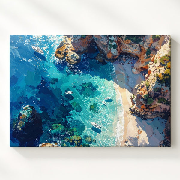 Aerial Serenity Canvas – Tropical Coastline with Boats & Coral Clarity - Gifitto
