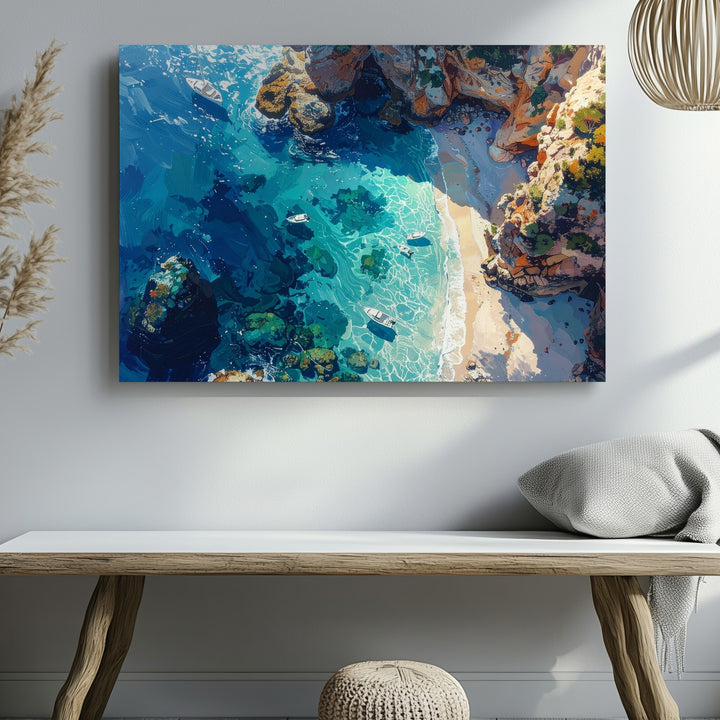 Aerial Serenity Canvas – Tropical Coastline with Boats & Coral Clarity - Gifitto