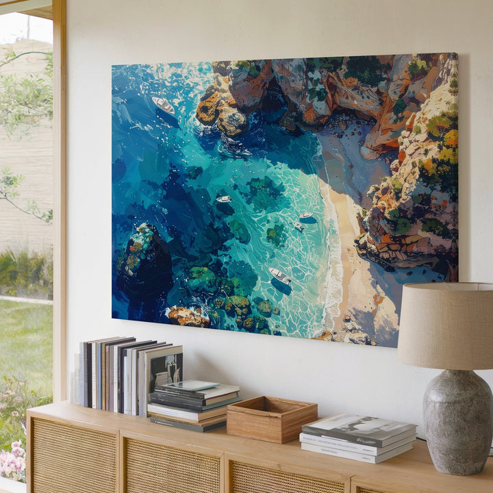 Aerial Serenity Canvas – Tropical Coastline with Boats & Coral Clarity - Gifitto