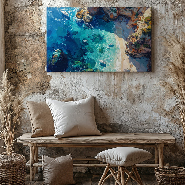 Aerial Serenity Canvas – Tropical Coastline with Boats & Coral Clarity - Gifitto