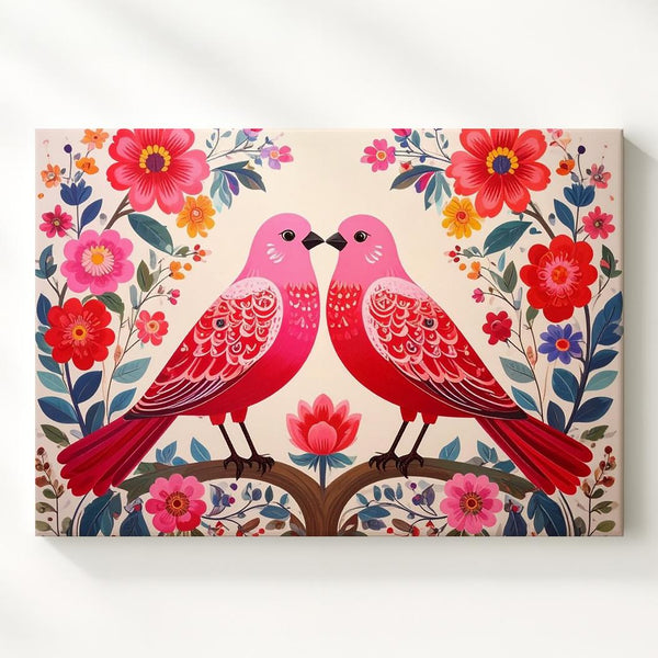 Folk Harmony Birds Canvas – Symmetrical Floral Nature Wall Art - Gifitto