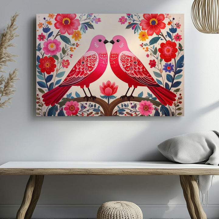 Folk Harmony Birds Canvas – Symmetrical Floral Nature Wall Art - Gifitto