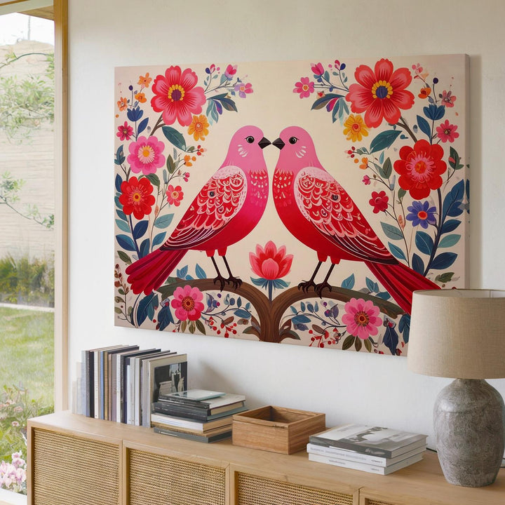 Folk Harmony Birds Canvas – Symmetrical Floral Nature Wall Art - Gifitto