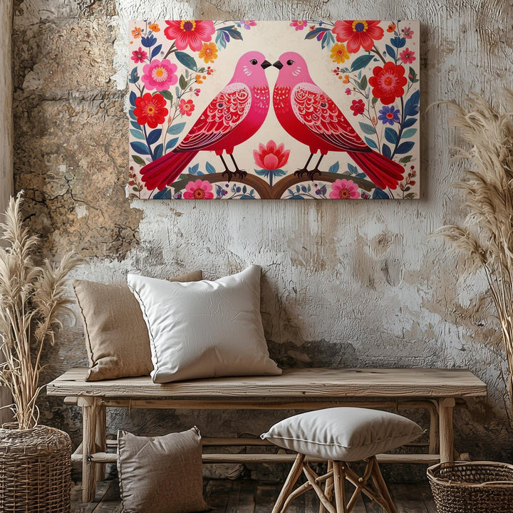 Folk Harmony Birds Canvas – Symmetrical Floral Nature Wall Art - Gifitto