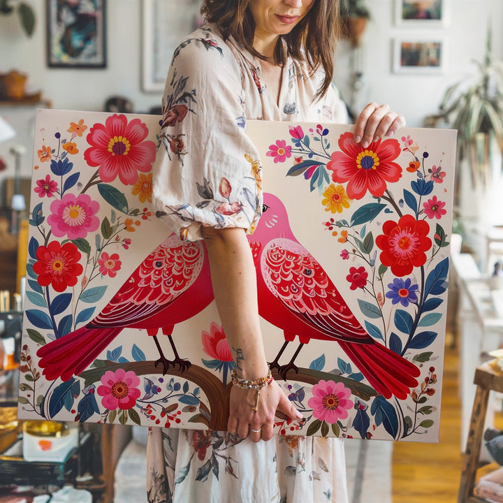 Folk Harmony Birds Canvas – Symmetrical Floral Nature Wall Art - Gifitto