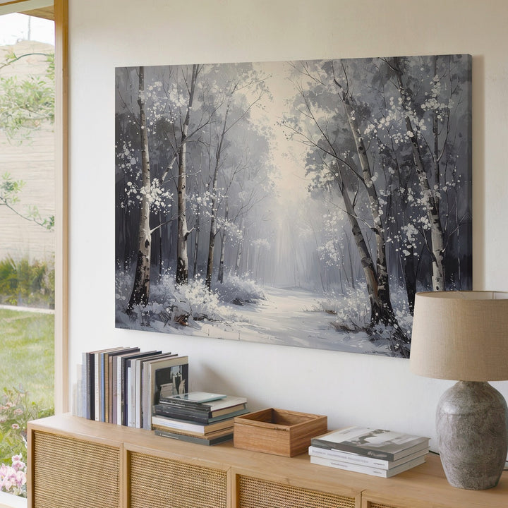 Mystic Winter Archway Canvas – Frosted Forest Wall Art in Pale Whites - Gifitto