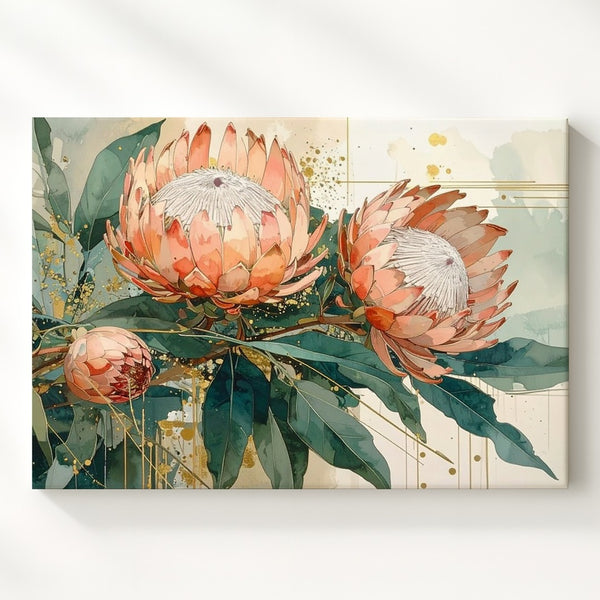 Golden Protea Bloom Canvas – Contemporary Watercolor Botanical Wall Art - Gifitto