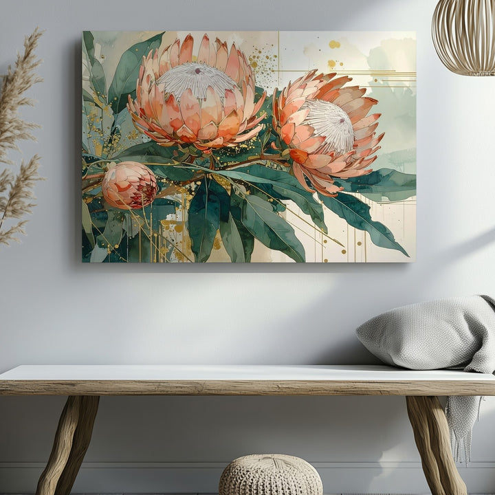 Golden Protea Bloom Canvas – Contemporary Watercolor Botanical Wall Art - Gifitto