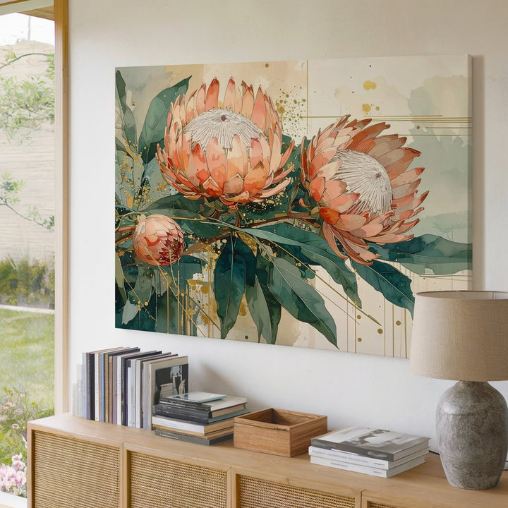 Golden Protea Bloom Canvas – Contemporary Watercolor Botanical Wall Art - Gifitto