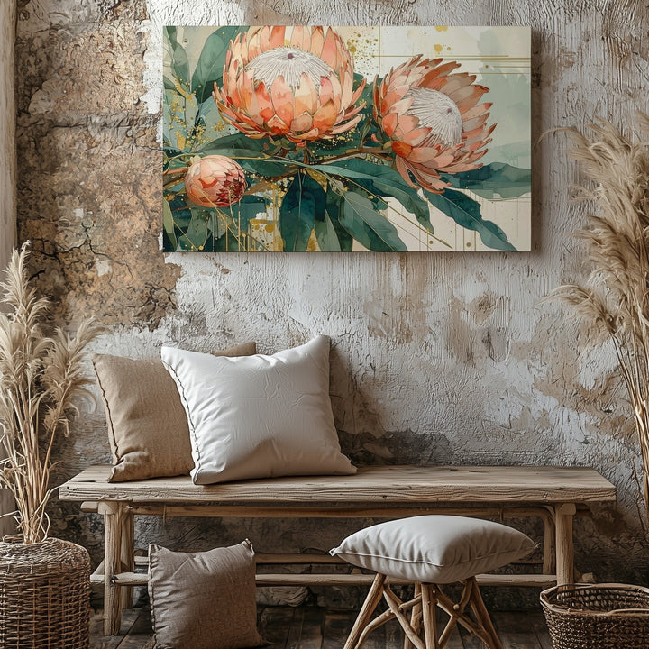 Golden Protea Bloom Canvas – Contemporary Watercolor Botanical Wall Art - Gifitto
