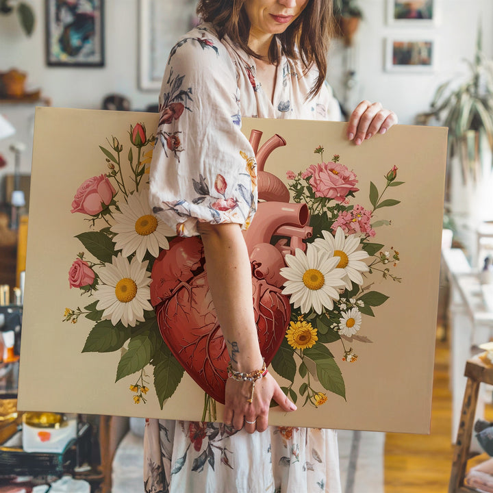 Floral Anatomical Heart Canvas – Soft Botanical Anatomy Wall Art - Gifitto