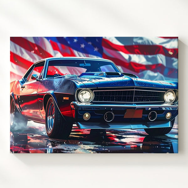 Patriotic Muscle Car Canvas – Stylized Camaro with American Flag Backdrop - Gifitto