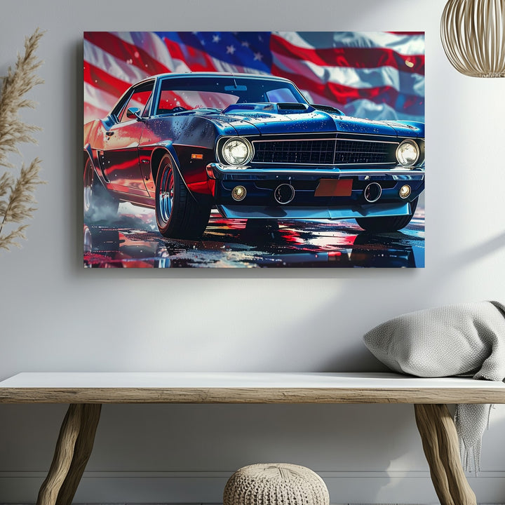 Patriotic Muscle Car Canvas – Stylized Camaro with American Flag Backdrop - Gifitto