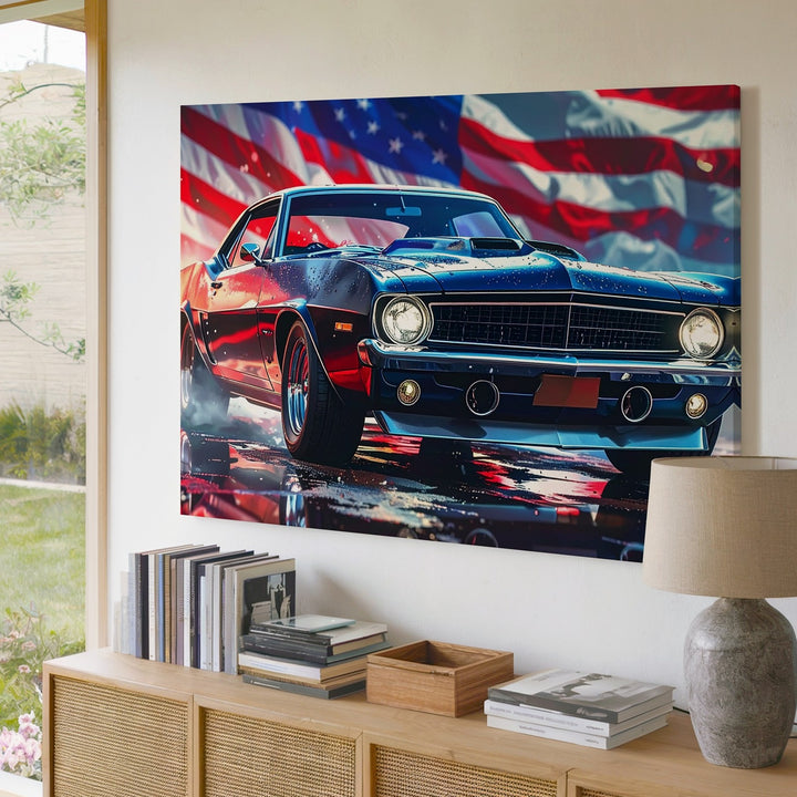 Patriotic Muscle Car Canvas – Stylized Camaro with American Flag Backdrop - Gifitto