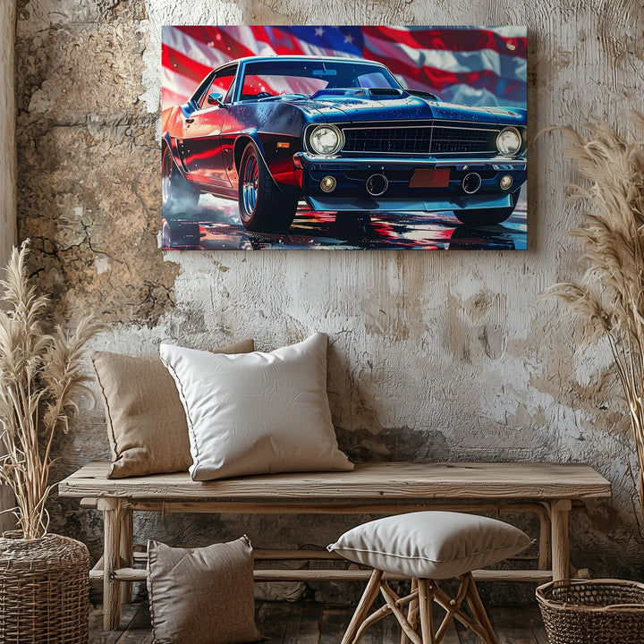Patriotic Muscle Car Canvas – Stylized Camaro with American Flag Backdrop - Gifitto