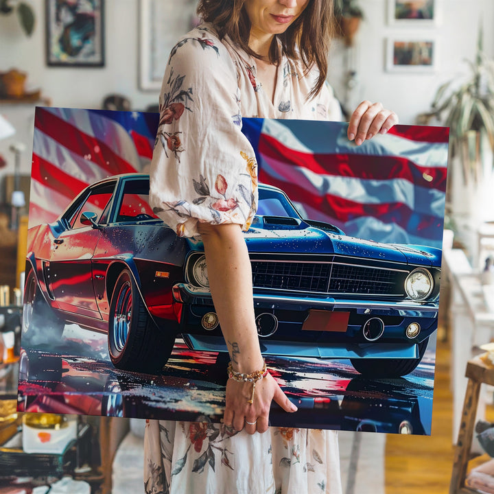 Patriotic Muscle Car Canvas – Stylized Camaro with American Flag Backdrop - Gifitto