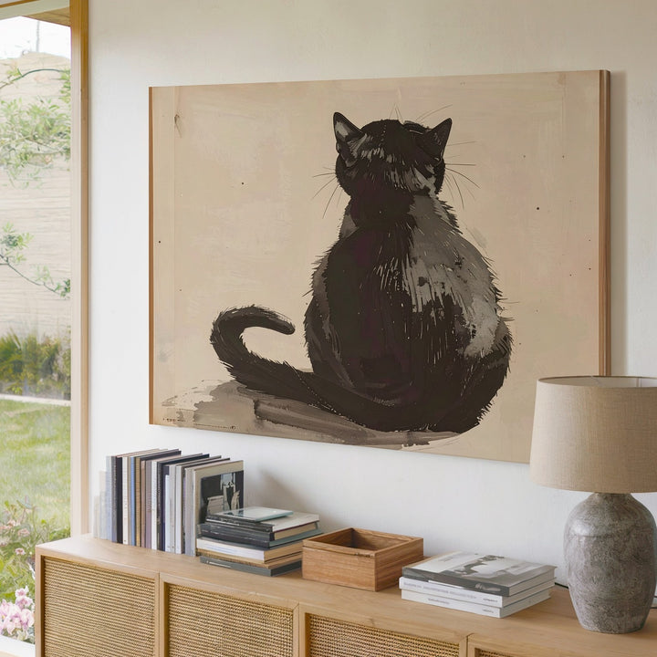 Minimalist Black Cat Canvas – Ink-Style Contemplative Cat Silhouette - Gifitto