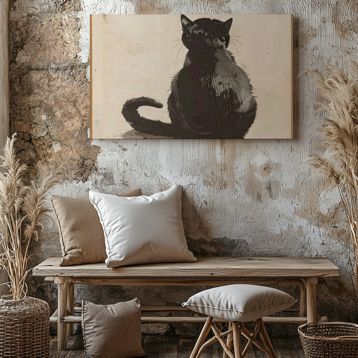 Minimalist Black Cat Canvas – Ink-Style Contemplative Cat Silhouette - Gifitto