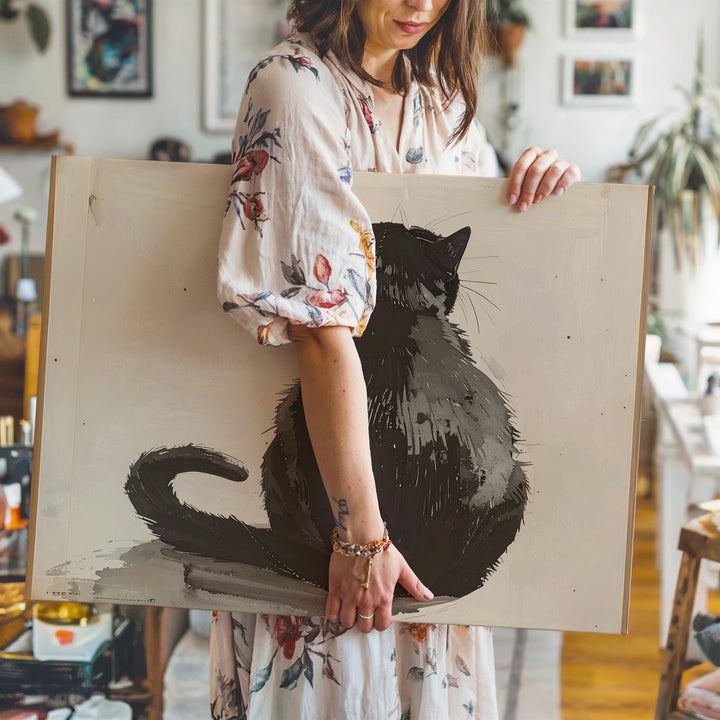 Minimalist Black Cat Canvas – Ink-Style Contemplative Cat Silhouette - Gifitto