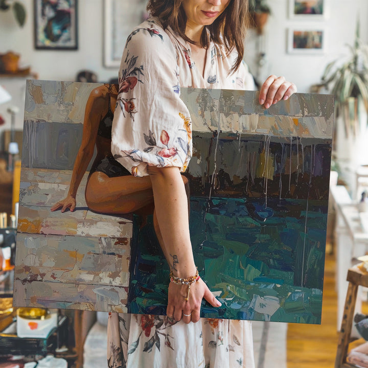 Dockside Solitude Canvas – Impressionist Woman by Water Wall Art - Gifitto