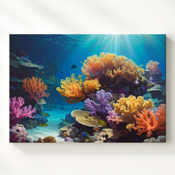 Sunlit Coral Reef Canvas – Photorealistic Ocean Biodiversity Wall Art