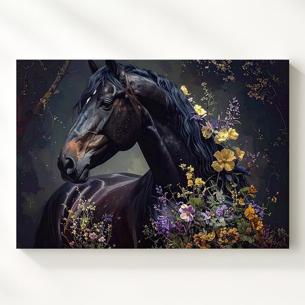 Enchanted Bloom Horse Canvas – Black Stallion with Mystical Floral Aura - Gifitto